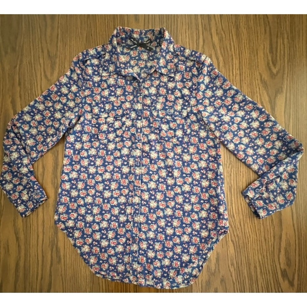 Ali &‎ Kris Blouse Medium Blue Floral Rose Print Long Roll Tab Sleeve Sheer EUC